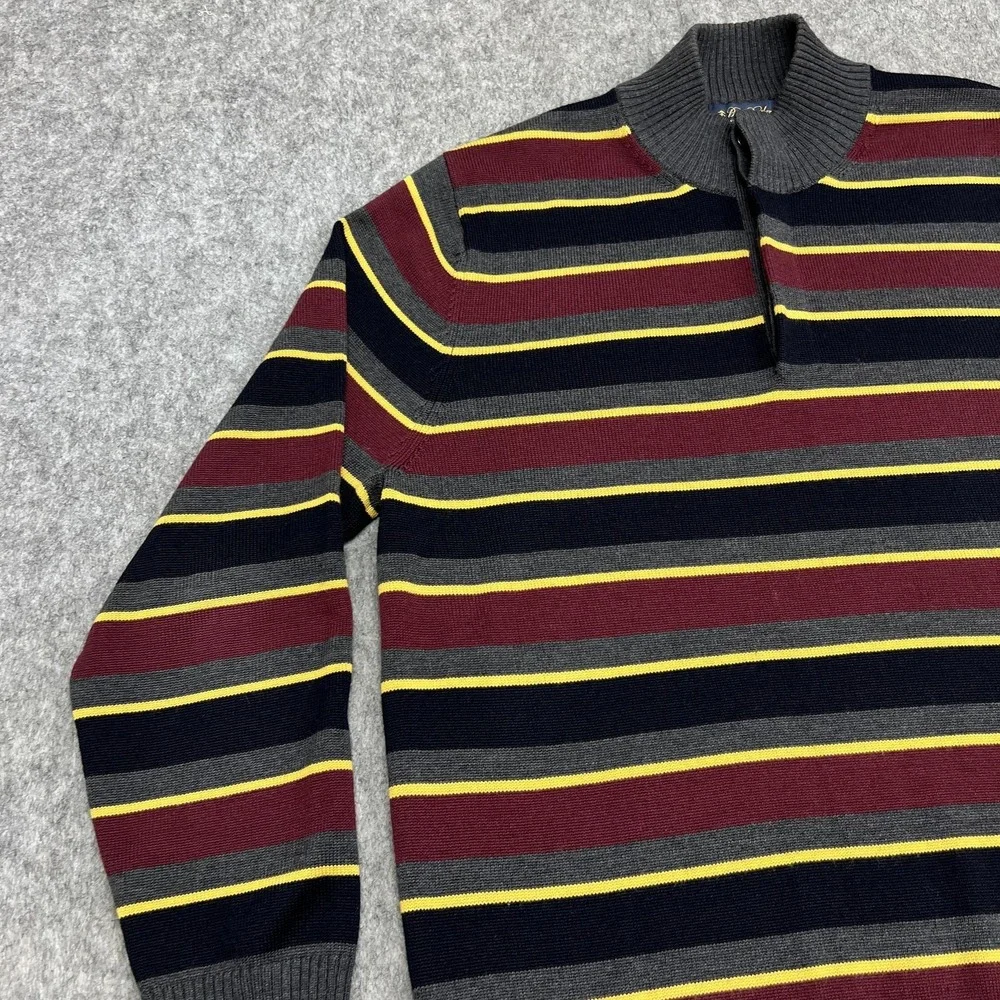 Brooks Brothers Sweater Mens XL Stripe Mock Neck Henley Extra Fine Merino Wool‎